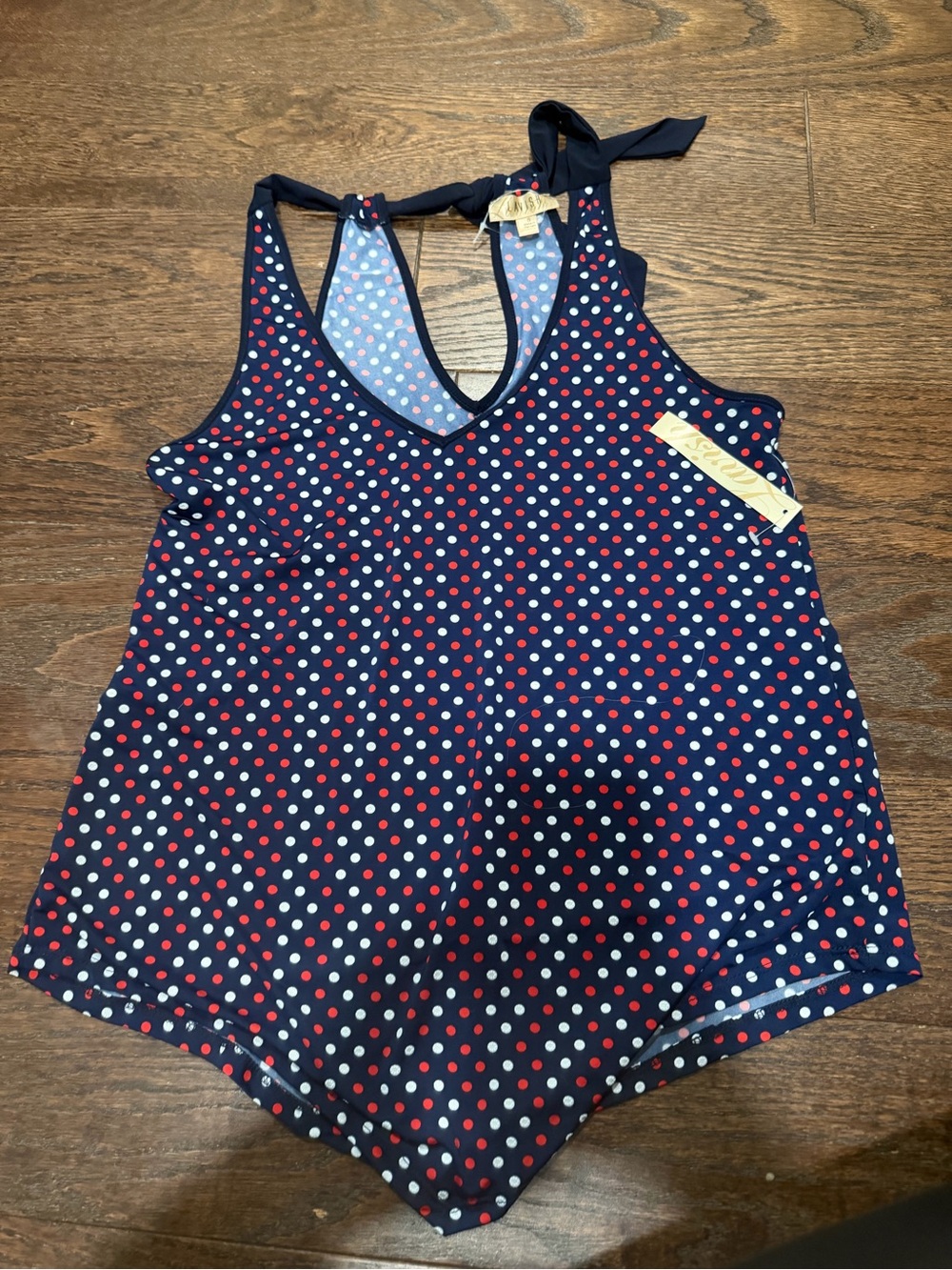 Lavish Navy Polka Dot Halter Tank with Red and White Dots